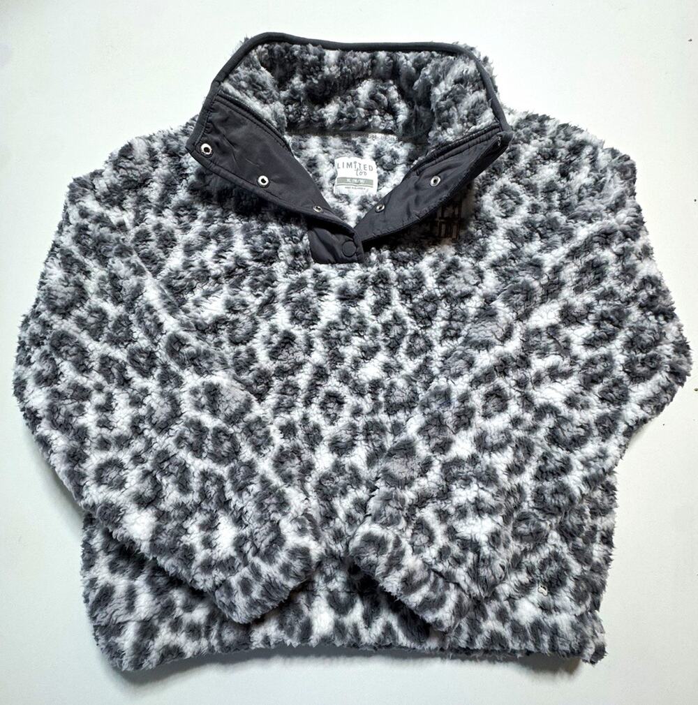Limited Too Girls Fleece Pullover Jacket Leopard Print 1/4 Snap Gray 14-15Y